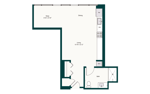 Floor plan for studio, 1 bath, 669 sqft